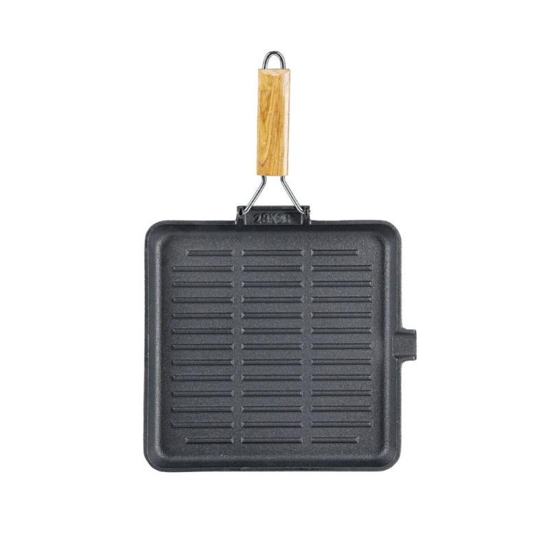Sartén grill de hierro fundido con mango de madera plegable, 28x28 cm - Sartén de hierro fundido