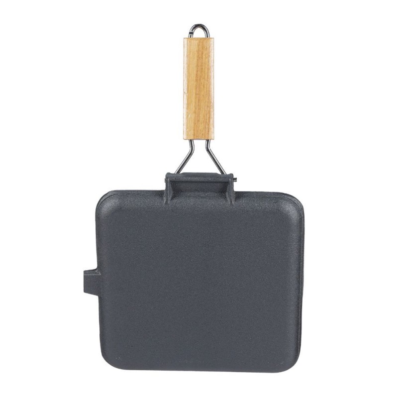 Sartén grill de hierro fundido con mango de madera plegable, 24x24 cm | Sartén grill de hierro fundido con mango de madera plegable, 24x24 cm | | |