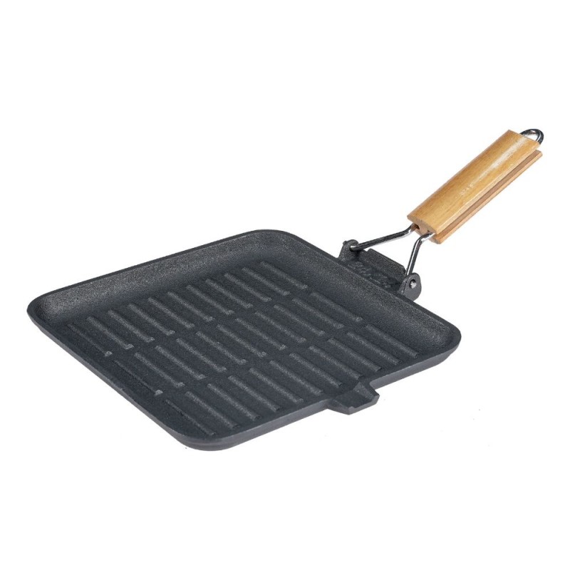 Sartén grill de hierro fundido con mango de madera plegable, 28x28 cm - Sartén de hierro fundido