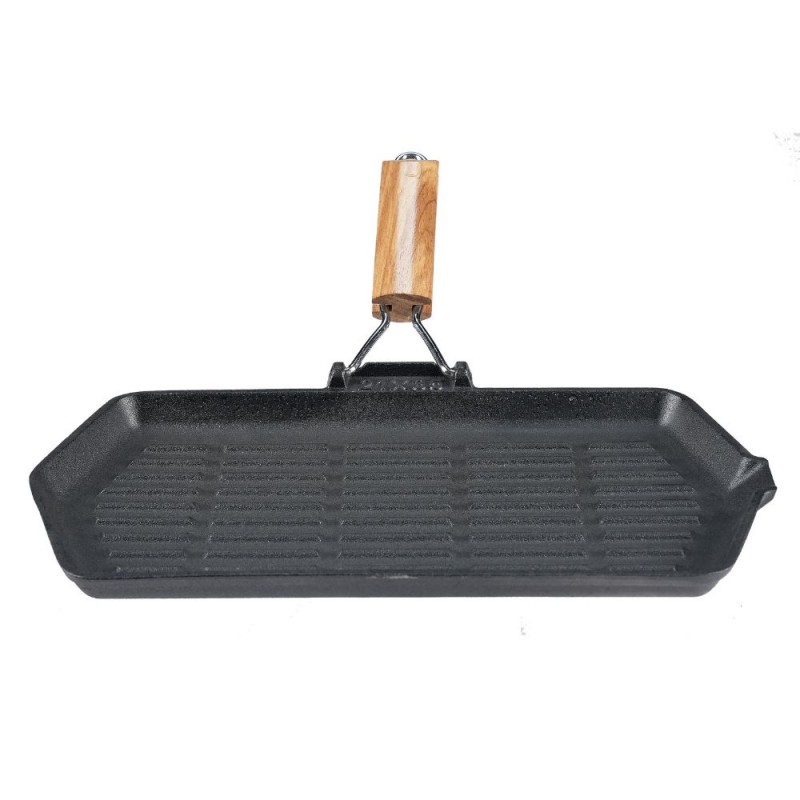 Sartén grill de hierro fundido con mango de madera plegable, 35x21 cm - Sartén de hierro fundido